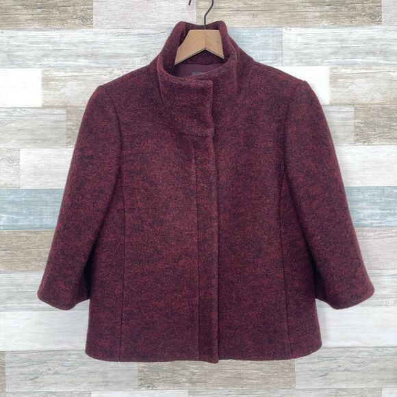 Ann Taylor Wool Tweed Snap Funnel Neck Coat Red 3/4 Sleeve Lined Womens 10 - Picture 1 of 7